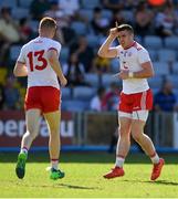 7 July 2018; Connor McAliskey of Tyrone, right, celebrates after scoring his side's first goal during the GAA Football All-Ireland Senior Championship Round 4 between Cork and Tyrone at O’Moore Park in Portlaoise, Co. Laois. Photo by Brendan Moran/Sportsfile