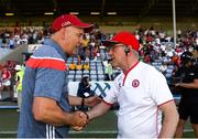 7 July 2018; Cork manager Ronan McCarthy shakes hands with Tyrone manager Mickey Harte following the GAA Football All-Ireland Senior Championship Round 4 between Cork and Tyrone at O’Moore Park in Portlaoise, Co. Laois. Photo by Eóin Noonan/Sportsfile