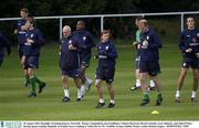18 August 2003; Republic of Ireland players, from left,  Kenny Cunningham, Kevin Kilbane, Clinton Morrison, David Connolly, Gary Doherty, and John O'Shea during Republic of Ireland soccer training at Tolka Rovers FC in Griffith Avenue, Dublin. Photo by Damien Eagers/Sportsfile