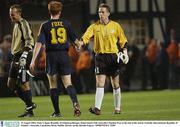 19 August 2003; Nicky Colgan, Republic of Ireland goalkeeper shakes hands with Hayden Foxe of Australia at the end of an International Friendly between Republic of Ireland and Australia at Lansdowne Road, Dublin. Photo by Damien Eagers/Sportsfile
