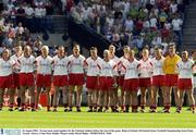 24 August 2003; The Tyrone team stand together for the National Anthem before the start of the Bank of Ireland All-Ireland Senior Football Championship Semi-Final between Tyrone and Kerry at Croke Park in Dublin. Photo by David Maher/Sportsfile