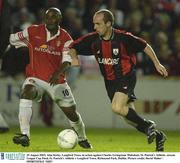 25 August 2003; Alan Kirby of Longford Town, right, in action against Charles Livingstone Mababazi of St. Patrick's Athletic during the Eircom League Cup Final between St. Patrick's Athletic and Longford Town at Richmond Park, Dublin. Photo by David Maher/Sportsfile