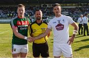 30 June 2018; Referee David Gough with team captains Cillian O’Connor of Mayo and Eoin Doyle of Kildare before the GAA Football All-Ireland Senior Championship Round 3 match between Kildare and Mayo at St Conleth's Park in Newbridge, Kildare. Photo by Piaras Ó Mídheach/Sportsfile
