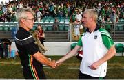 7 July 2018; Carlow manager Colm Bonnar congratulates Limerick manager John Kiely after the GAA Hurling All-Ireland Senior Championship Preliminary Quarter-Final match between Carlow and Limerick at Netwatch Cullen Park in Carlow. Photo by Matt Browne/Sportsfile