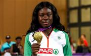 7 July 2018; Rhasidat Adeleke of Ireland with her gold medal from the Girls 200m at the European U18 Athletics Championships in Gyor, Hungary. Photo by Giancarlo Columbo/Sportsfile
