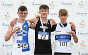 7 July 2018; Dara O'Neill from Tramore A.C. Co Waterford who won the boys under-15 100m from second place Philip Dunne from Tullamore Harriers A.C. Co Offaly and third place James Dillon from Dunboyne A.C Co Meath during the Irish Life Health Juvenile B Championships & Inter Club Relays at Tullamore Harriers Stadium in Tullamore, Co. Offaly. Photo by Matt Browne/Sportsfile