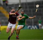 8 July 2018; Oisín Flannery of Galway in action against Padraig Harnett of Limerick during the Electric Ireland GAA Hurling All-Ireland Minor Championship Quarter-Final match between Galway and Limerick at Semple Stadium in Thurles, Co Tipperary. Photo by Ray McManus/Sportsfile