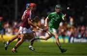 8 July 2018; Seamus Hurley of Limerick in action against Seán Neary and Shane Quirke of Galway during the Electric Ireland GAA Hurling All-Ireland Minor Championship Quarter-Final match between Galway and Limerick at Semple Stadium in Thurles, Co Tipperary. Photo by Ray McManus/Sportsfile