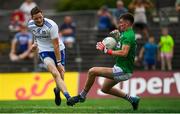 8 July 2018; Graham Brody of Laois saves a shot at goal by Conor McManus of Monaghan during the GAA Football All-Ireland Senior Championship Round 4 match between Laois and Monaghan at Páirc Tailteann in Navan, Co Meath. Photo by Ramsey Cardy/Sportsfile