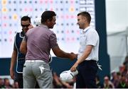 8 July 2018; Russell Knox of Scotland, right, shakes hands with Ryan Fox of New Zealand after winning the play off on the 18th green after Day Four of the Dubai Duty Free Irish Open Golf Championship at Ballyliffin Golf Club in Ballyliffin, Co. Donegal. Photo by Oliver McVeigh/Sportsfile
