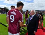 8 July 2018; President Michael D Higgins meets Galway captain David Burke prior to the Leinster GAA Hurling Senior Championship Final Replay match between Kilkenny and Galway at Semple Stadium in Thurles, Co Tipperary. Photo by Brendan Moran/Sportsfile