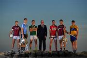10 July 2018; In attendance at the GAA Hurling and Football All Ireland Senior Championship Series National Launch at Dun Aengus in the Aran Islands, Co Galway, are from left, Damien Comer of Galway, Michael Fitzsimons of Dublin with the Sam Maguire Cup and Shane Enright of Kerry, Uachtarán Chumann Lúthchleas Gael John Horan, Seamus Harnedy of Cork, Johnny Coen of Galway with the Liam MacCarthy Cup and David Fitzgerald of Clare.
