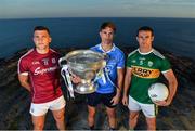 10 July 2018; Michael Fitzsimons of Dublin with the Sam Maguire Cup, along with Damien Comer of Galway, left, and Shane Enright of Kerry, at the GAA Hurling and Football All Ireland Senior Championship Series National Launch at Dun Aengus in the Aran Islands, Co Galway. Photo by Brendan Moran/Sportsfile