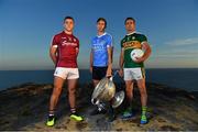 10 July 2018; Michael Fitzsimons of Dublin with the Sam Maguire Cup, along with Damien Comer of Galway, left, and Shane Enright of Kerry, in attendance at the GAA Hurling and Football All Ireland Senior Championship Series National Launch at Dun Aengus in the Aran Islands, Co Galway. Photo by Brendan Moran/Sportsfile