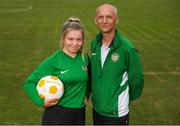11 July 2018; Laura Shankland of Greystones United AFC and her team manager Declan Bollard during a Continental Tyres Under 17 Women's National League launch at the FAI HQ in Abbotstown, Dublin. Photo by Piaras Ó Mídheach/Sportsfile