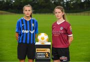 11 July 2018; Chloe Darby of Athlone Town, left, and Caitlin Quinn of Galway WFC during a Continental Tyres Under 17 Women's National League launch at the FAI HQ in Abbotstown, Dublin. Photo by Piaras Ó Mídheach/Sportsfile
