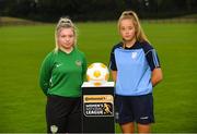 11 July 2018; Laura Shankland of Greystones United AFC, left, and Nadine Clare of Waves FC during a Continental Tyres Under 17 Women's National League launch at the FAI HQ in Abbotstown, Dublin. Photo by Piaras Ó Mídheach/Sportsfile