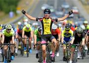12 July 2018; Ian Spenkelink, Tempo-Hoppenbrouwers, celebrates at the finish of Stage Three of the Eurocycles Eurobaby Junior Tour 2018, Ennis, Co. Clare. Photo by Stephen McMahon/Sportsfile