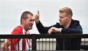 12 July 2018; Republic of Ireland International and former Derry City player James McClean, right, with a Derry City supporter during the UEFA Europa League 1st Qualifying Round First Leg match between Derry City and Dinamo Minsk at Brandywell Stadium in Derry. Photo by Oliver McVeigh/Sportsfile