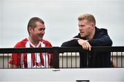 12 July 2018; Republic of Ireland International and former Derry City player James McClean, right, with a Derry City supporter during the UEFA Europa League 1st Qualifying Round First Leg match between Derry City and Dinamo Minsk at Brandywell Stadium in Derry. Photo by Oliver McVeigh/Sportsfile