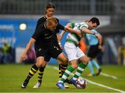 12 July 2018; Joel Coustrain of Shamrock Rovers in action against Robin Jansson and Kristoffer Olsson of AIK during the UEFA Europa League 1st Qualifying Round First Leg match between Shamrock Rovers and AIK at Tallaght Stadium, Dublin. Photo by Brendan Moran/Sportsfile