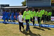29 June 2018; Ireland captain Gary Wilson leads his side out prior to the Men's T20 International match between Ireland and Bangladesh at Malahide Cricket Club Ground in Dublin. Photo by Seb Daly/Sportsfile