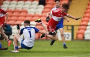 13 July 2018; Eoghan Hawe of Derry has his goal bound shot saved by Ryan Farrelly of Monaghan during the Electric Ireland Ulster GAA Football Minor Championship Final match between Derry and Monaghan at the Athletic Grounds, Armagh. Photo by Oliver McVeigh/Sportsfile