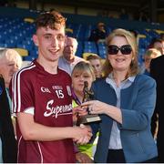 13 July 2018; Pictured is Susan Geraghty, PAYG and Residential Gas Manager with Electric Ireland, who presented the man of the match award to Matthew Cooley of Galway at the Electric Ireland GAA Minor Championships, Electric Ireland GAA Connacht Minor Football Championship Final. Throughout the Championships, fans can follow the conversation, vote for their player of the week, support the Minors and be a part of something major through the hashtag #GAAThisIsMajor. Photo by Matt Browne/Sportsfile