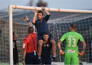 13 July 2018; Sligo Rovers physio Declan Brennan fixes the goalnets, with the help of strength and conditioning coach Colin Feehily, as referee Paul McLaughlin and Sligo Rovers goalkeeper Mitchell Beeney look on during the SSE Airtricity League Premier Division match between Bohemians and Sligo Rovers at Dalymount Park, Dublin. Photo by Piaras Ó Mídheach/Sportsfile