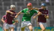 8 July 2018; Micheal Martin of Limerick in action against Oisín Flannery, left, and Evan Duggan of Galway during the Electric Ireland GAA Hurling All-Ireland Minor Championship Quarter-Final match between Galway and Limerick at Semple Stadium in Thurles, Co Tipperary. Photo by Ray McManus/Sportsfile