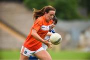 14 July 2018; Tiara Grimes of Armagh in action against Cora Courtney of Monaghan during the TG4 All-Ireland Ladies Football Senior Championship Group 2 Round 1 match between Armagh and Monaghan at St Tiernach's Park, in Clones, Monaghan. Photo by Oliver McVeigh/Sportsfile