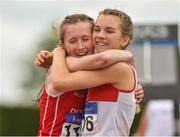14 July 2018; Emma Moore, right, from Galway City Harriers A.C. is congratulated by second place Sarah Hosey from Dooneen A.C. Co Limerick after she won the girls under-15 800m during the Irish Life Health National T&F Juvenile Day one at Tullamore Harriers Stadium, in Tullamore, Co. Offaly. Photo by Matt Browne/Sportsfile