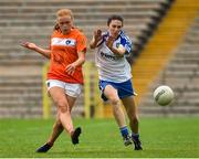 14 July 2018; Blaithin Mackin of Armagh scoring a goal despite the tackle of Fiona Courtney of Monaghan during the TG4 All-Ireland Ladies Football Senior Championship Group 2 Round 1 match between Armagh and Monaghan at St Tiernach's Park, in Clones, Monaghan. Photo by Oliver McVeigh/Sportsfile