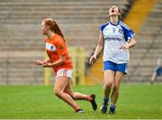14 July 2018; Blaithin Mackin of Armaghturns to celebrate scoring a goal as Fiona Courtney of Monaghan shows her disappointment during the TG4 All-Ireland Ladies Football Senior Championship Group 2 Round 1 match between Armagh and Monaghan at St Tiernach's Park, in Clones, Monaghan. Photo by Oliver McVeigh/Sportsfile