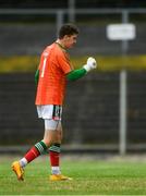 14 July 2018; Mayo goalkeeper Paddy O'Malley celebrates a second half goal scored by team-mate Paul Lambert during the EirGrid GAA Football All-Ireland U20 Championship Semi-Final match between Mayo and Derry at Páirc Seán Mac Diarmada, in Carrick-on-Shannon. Photo by Piaras Ó Mídheach/Sportsfile