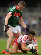 14 July 2018; Shea Downey of Derry in action against Conor Diskin of Mayo during the EirGrid GAA Football All-Ireland U20 Championship Semi-Final match between Mayo and Derry at Páirc Seán Mac Diarmada, in Carrick-on-Shannon. Photo by Piaras Ó Mídheach/Sportsfile