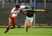 14 July 2018; Callum Brown of Derry in action against Brian O'Malley of Mayo during the EirGrid GAA Football All-Ireland U20 Championship Semi-Final match between Mayo and Derry at Páirc Seán Mac Diarmada, in Carrick-on-Shannon. Photo by Piaras Ó Mídheach/Sportsfile