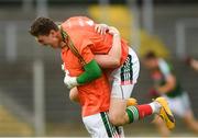 14 July 2018; Mayo goalkeeper Paddy O'Malley, front, celebrates with team-mate Adam Byrne at the final whistle after the EirGrid GAA Football All-Ireland U20 Championship Semi-Final match between Mayo and Derry at Páirc Seán Mac Diarmada, in Carrick-on-Shannon. Photo by Piaras Ó Mídheach/Sportsfile