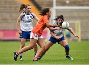 14 July 2018; Megan Sheridan of Armagh in action against Rosemary Courtney and Josie Fitzpatrick of Monaghan during the TG4 All-Ireland Ladies Football Senior Championship Group 2 Round 1 match between Armagh and Monaghan at St Tiernach's Park, in Clones, Monaghan. Photo by Oliver McVeigh/Sportsfile