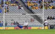 14 July 2018; Peter Harte of Tyrone shoots past the Roscommon goalkeeper Colm Lavin to score his side's third goal, from the penalty spot, in the 62nd minute of the GAA Football All-Ireland Senior Championship Quarter-Final Group 2 Phase 1 match between Tyrone and Roscommon at Croke Park in Dublin. Photo by Ray McManus/Sportsfile