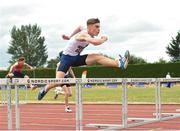 14 July 2018; Evan Farrelly from Tullamore Harriers A.C. Co Offaly on his way to winning the under-14 boys 75m hurdles during the Irish Life Health National T&F Juvenile Day one at Tullamore Harriers Stadium, in Tullamore, Co. Offaly. Photo by Matt Browne/Sportsfile