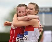 14 July 2018; Emma Moore, right, from Galway City Harriers A.C. is congratulated by second place Sarah Hosey from Dooneen A.C. Co Limerick after she won the girls under-15 800m during the Irish Life Health National T&F Juvenile Day one at Tullamore Harriers Stadium, in Tullamore, Co. Offaly. Photo by Matt Browne/Sportsfile