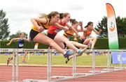 14 July 2018; Lucy May Sleeman from Leevale A.C. Co Cork who won the girls under-15 hurdles from second place Rachel Gallagher from Tir Chonaill A.C. Co Donegal and third place Ella Scott from Leevale A.C. Co Cork  during the Irish Life Health National T&F Juvenile Day one at Tullamore Harriers Stadium, in Tullamore, Co. Offaly. Photo by Matt Browne/Sportsfile