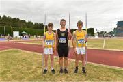 14 July 2018; Karlis Kaugars from Dunleer A.C. Co Louth after he won the bous under-14 Javelin with a championship best throw of 55.63m from second place Oisin Joyce and third place Diarmuid  Duffy both from Lake District Athletics Co Mayo during the Irish Life Health National T&F Juvenile Day one at Tullamore Harriers Stadium, in Tullamore, Co. Offaly. Photo by Matt Browne/Sportsfile