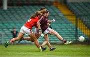 15 July 2018; Andrea Trill of Galway scores her side's first goal despite the efforts of Sarah Leahy of Cork during the All-Ireland Ladies Football Minor A final between Galway and Cork at the Gaelic Grounds, Limerick. Photo by Diarmuid Greene/Sportsfile