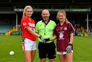 15 July 2018; Cork captain Ciara McCarthy and Galway captain Lynsey Noone exchange a handshake in the company of referee Gus Chapman prior to the All-Ireland Ladies Football Minor A final between Galway and Cork at the Gaelic Grounds, Limerick. Photo by Diarmuid Greene/Sportsfile