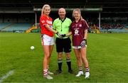 15 July 2018; Cork captain Ciara McCarthy and Galway captain Lynsey Noone exchange a handshake in the company of referee Gus Chapman prior to the All-Ireland Ladies Football Minor A final between Galway and Cork at the Gaelic Grounds, Limerick. Photo by Diarmuid Greene/Sportsfile
