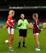 15 July 2018; Referee Gus Chapman performs the coin-toss in the company of Cork captain Ciara McCarthy and Galway captain Lynsey Noone prior to the All-Ireland Ladies Football Minor A final between Galway and Cork at the Gaelic Grounds, Limerick. Photo by Diarmuid Greene/Sportsfile