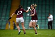 15 July 2018; Andrea Trill of Galway, right, celebrates with team-mate Ciara McCarthy after scoring her side's third goal during the All-Ireland Ladies Football Minor A final between Galway and Cork at the Gaelic Grounds, Limerick. Photo by Diarmuid Greene/Sportsfile