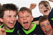 12 July 2018; Dunboyne AFC footballers, from left, Matthew Dolan, Callum Gray, Ryan Mangan, front, and George Comerford, celebrate during the Sports Direct Summer Soccer Schools - Dunboyne AFC at Dunboyne in Co Meath. Photo by Piaras Ó Mídheach/Sportsfile